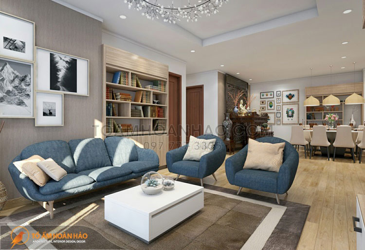 Dự án: Bà Minh - Tòa A - 921 Park Hill - KĐT Times City 1 sự kết hợp giữa các tone màu trung tính đặc trưng của phong cách hiện đại: xám ghi và xanh dương