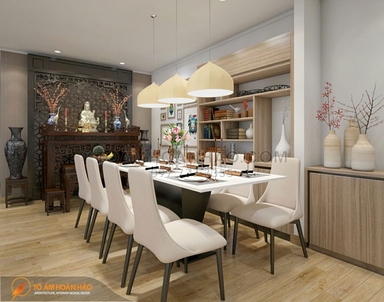 Dự án: Bà Minh - Tòa A - 921 Park Hill - KĐT Times City 4 Bàn thờ được bố trí ngay trong phòng ăn. Các chi tiết đồ thờ hoàn toàn bằng gỗ được gia công tỉ mỉ