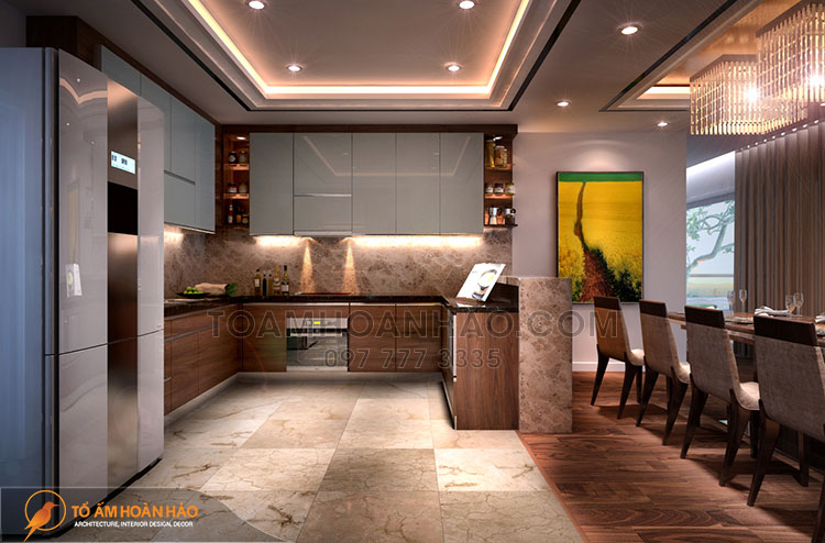 Dự án: Anh Hưng - Hạ Long 11 Khu bếp tiện nghi với sự kết hợp hài hà của nội thất gỗ trắng và gỗ nâu