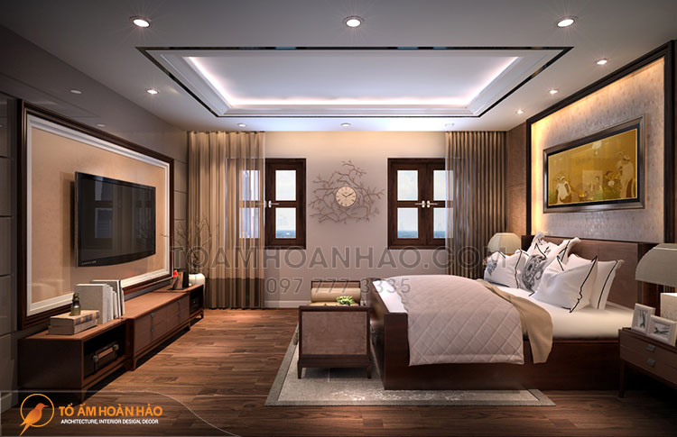 Dự án: Anh Hưng - Hạ Long 12 Nội thất phòng ngủ hoàn toàn là chất liệu gỗ với tone nâu trầm ấm cúng
