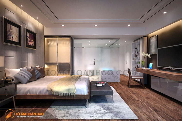 Dự án: Anh Hưng - Hạ Long 15 Màu xám ghi lạnh chủ đạo của căn phòng được trung hòa lại bởi nội thất và sàn gỗ nâu trầm