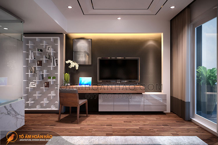 Dự án: Anh Hưng - Hạ Long 16 Kệ tivi kiêm góc làm việc gọn gàng, thiết kế kệ chữ thập khá đặc biệt cho căn phòng thêm thu hút