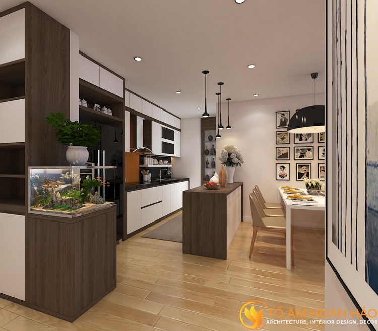 Dự án Chị Hiền - Phòng khách & Phòng bếp - Chung cư The One - Khu đô thị Gamuda 3 Bếp ăn được bố trí khoa học tạo ra những luồng di chuyển dễ dàng và thuận tiện