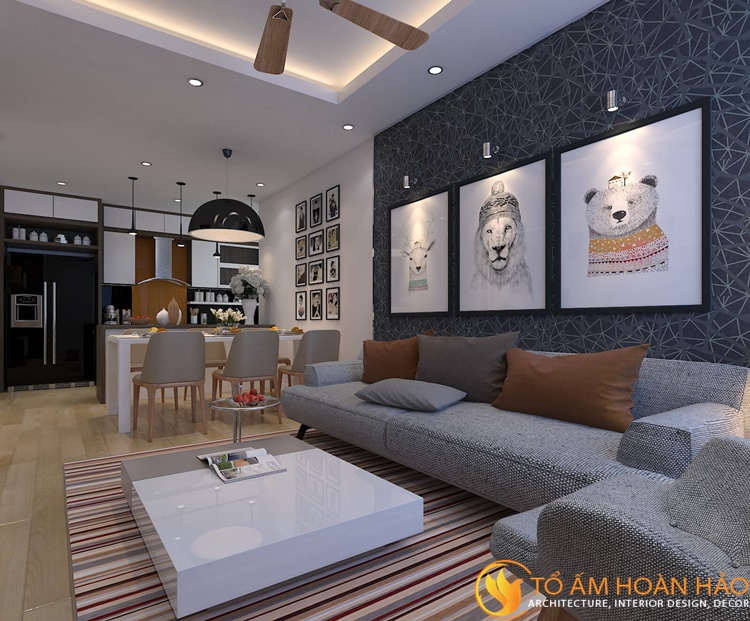 Không gian phòng cách mang phong cách hiện đại với sự kết hợp hài hòa của các tone màu trắng – xám