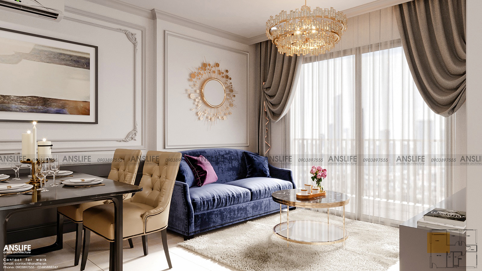 THIẾT KẾ NỘI THẤT CHUNG CƯ VINHOMES GRANDPARK DIỆN TÍCH 82M2 - PHONG CÁCH BÁN CỔ ĐIỂN SANG TRỌNG 3
