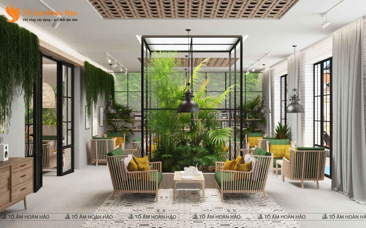 CHIÊM NGƯỠNG THIẾT KẾ QUÁN CÀ PHÊ 120M2 PHONG CÁCH TROPICAL XANH MÁT - SHOHA COFFEE 1